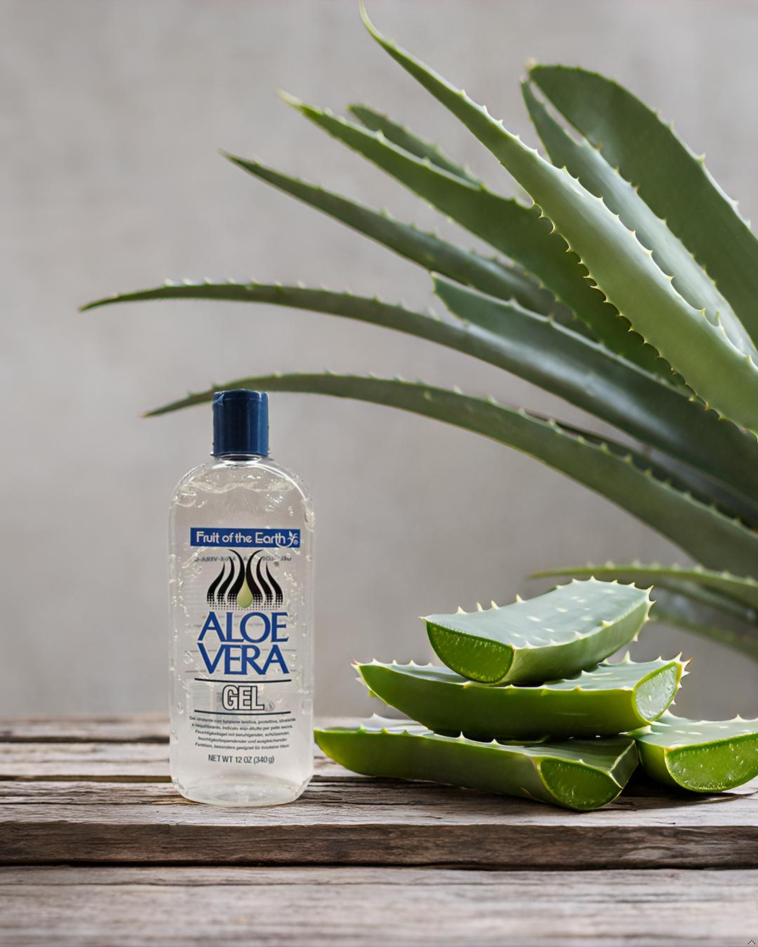 Aloe Vera Gel with fresh leaves Aloe Vera Gel Fruit of the Earth alongside fresh Aloe Vera leaves