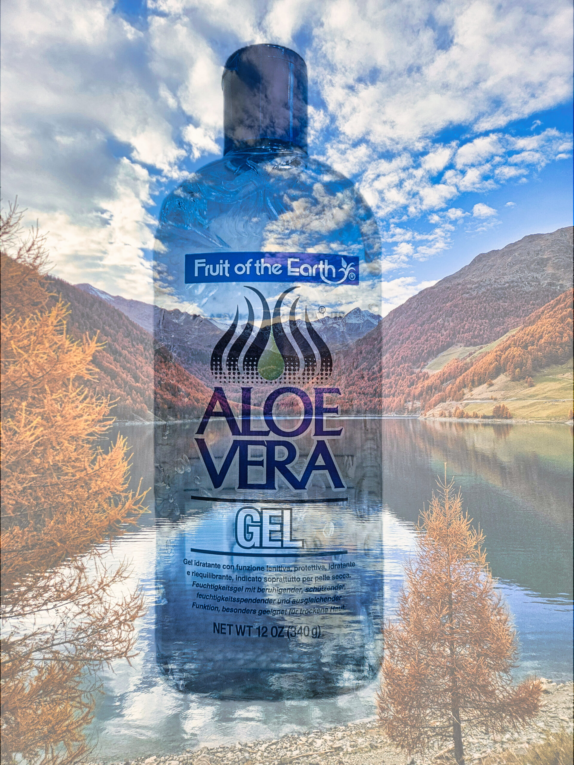 Aloe Vera Gel Fruit of the Earth in front of autumn mountain landscape - symbol of rebirth and natural well-being